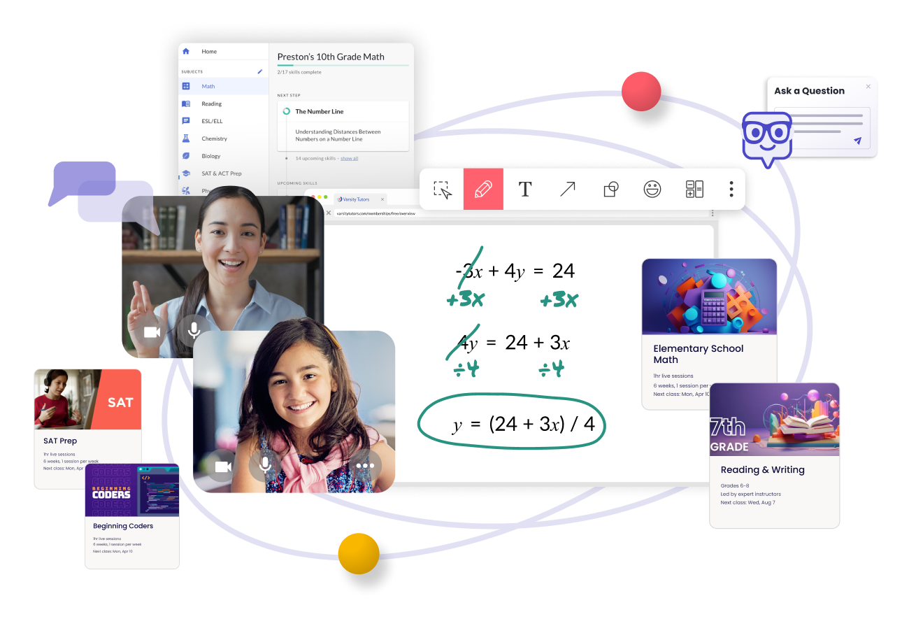 Floating screenshots of various Varsity Tutors learning resources